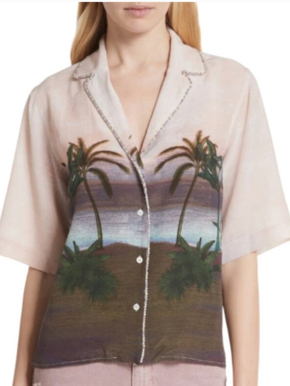 SANDRO - Pink Embellished Tropical Hawaiian Button Down Top NWT